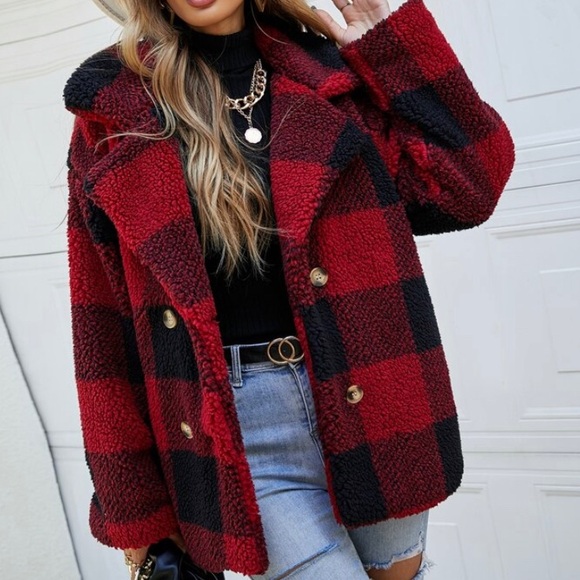 FLASH SALE!  Plaid Sherpa Flannel Women's Red Black Pea Coat Jacket - Picture 2 of 9